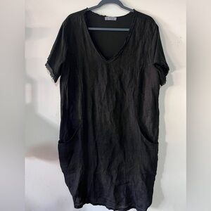 Gigi Moda Italy Linen Short Sleeve Tops Tunic OS Black crew Neck Boho Beach Knit